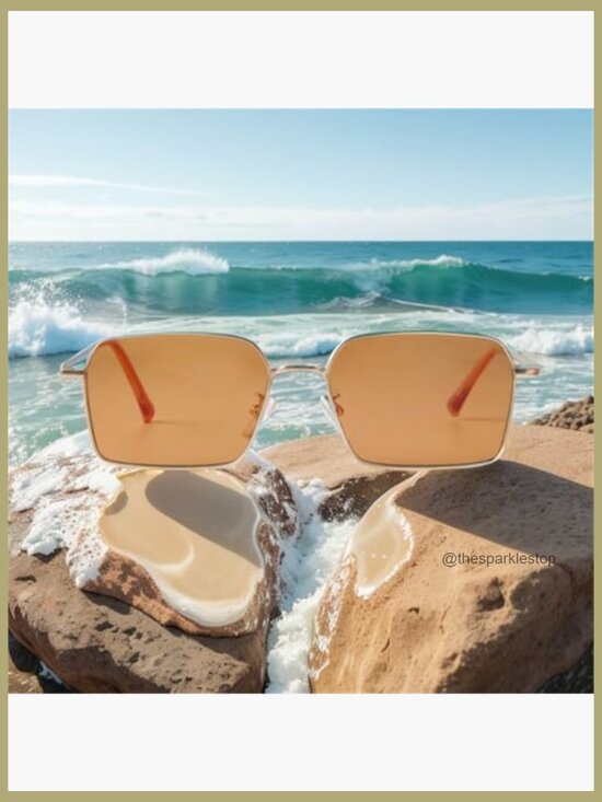 Trendy Hexagon Rectangle Sunglasses with Tinted Lens Gold Metal Frame UV400